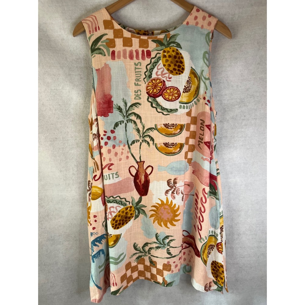 Paper Heart Linen‎ Blend Mini Dress L Pink Tropical Fruit Beachy Coastal Resort